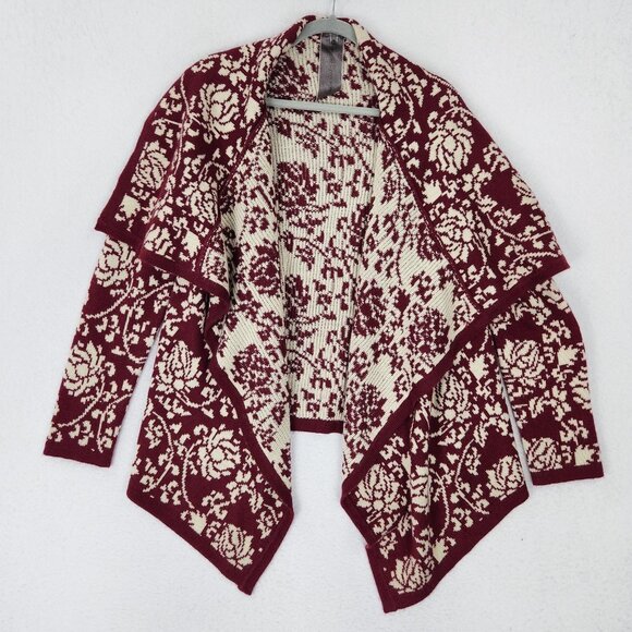 Moon Collection Sweater Womens Medium Burgundy Floral Open Front Shawl Cardigan - Picture 1 of 11